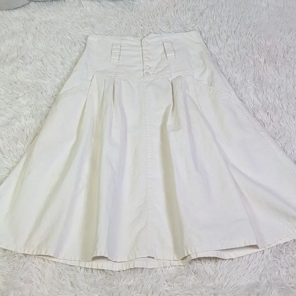 Vintage 90s White Cotton High Waist Pleated Midi Skirt Corset Yoke Waist 9/10